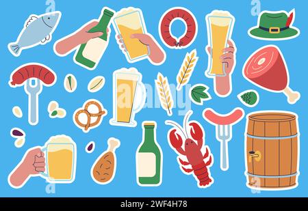 Oktoberfest-Aufkleber. Bierparty-Abzeichen, traditionelle deutsche Festelemente. Craft-Drinks, Brauerei und leckeres Essen. Wochenendtreffen, anständiges Vektorset Stock Vektor