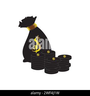 Geldbeutel mit Geld, Münze und Goldbarren. Stapel glänzender Goldbarren oder Barren und Geldbeutel mit Münzen. Geschäftskonzept. Symbol für Web, Spiele, Apps Stock Vektor