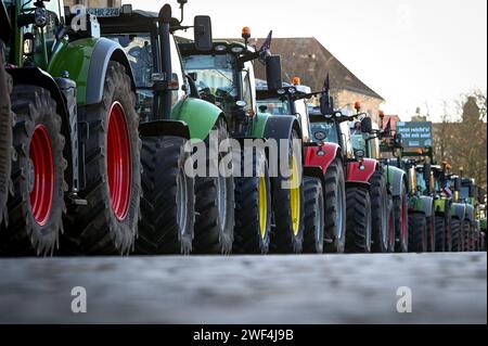 Magdeburg, Deutschland. Januar 2024. Traktoren bei der Kundgebung auf dem Domplatz. Unter dem Motto "zu viel ist zu viel" protestierten Hunderte von Bauern und Forstwirten aus mehreren bundesländern gegen die Haushaltspolitik der Bundesregierung. Quelle: Heiko Rebsch/dpa/Alamy Live News Stockfoto