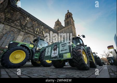 Magdeburg, Deutschland. Januar 2024. Traktoren fahren zur Bauernkundgebung vor dem landtag Sachsen-Anhalt am Dom. Unter dem Motto "zu viel ist zu viel" protestierten Hunderte von Bauern und Forstwirten aus mehreren bundesländern gegen die Haushaltspolitik der Bundesregierung. Quelle: Heiko Rebsch/dpa/Alamy Live News Stockfoto