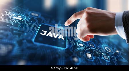 Geschäftsmann klickt auf Java Programmiersprache Anwendungskonzept auf virtuellen Bildschirm Stockfoto