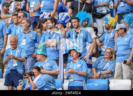 Samara, Russland – 25. Juni 2018. Vor dem Spiel der FIFA-Weltmeisterschaft 2018 mit Uruguay gegen Russland (3:0) stehen die uruguayischen Fans. Stockfoto