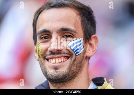 Samara, Russland – 25. Juni 2018. Lächelnder Fan aus Uruguay beim Spiel der FIFA-Weltmeisterschaft 2018 gegen Russland (3:0). Stockfoto