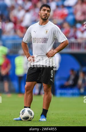 Samara, Russland – 25. Juni 2018. Luis Suarez, Nationalstürmer der Uruguay-Fußballnationalmannschaft im Training vor dem Spiel der FIFA-Weltmeisterschaft 2018, Uruguay gegen Russland (3-0) Stockfoto