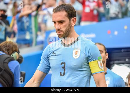 Samara, Russland – 25. Juni 2018. Uruguay-Fußballnationalmannschaft – Mittelverteidiger Diego Godin beim Spiel Uruguay gegen Russland 2018 (3:0) Stockfoto