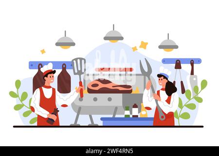 Rindersteak-Küche durch das Team der Restaurantköche. Winzige Leute in Hüten und Uniform halten Werkzeuge zum Grillen, braten köstliches Stück Fleisch auf Grillpfanne in der professionellen Küche Cartoon Vektor Illustration Stock Vektor