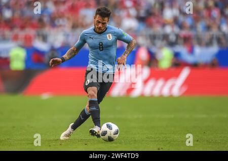 Samara, Russland – 25. Juni 2018. Der Mittelfeldspieler Nahitan Nandez der uruguayischen Fußballnationalmannschaft beim Spiel Uruguay gegen Russland 2018 (3:0). Stockfoto