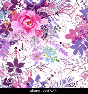 Blumenmuster. Nahtloses Pfingstrosen-Muster. 90er-Jahre-STYLE. Handzeichnung. Nicht AI, Vektorillustration Stock Vektor