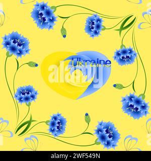 Blaue Kornblumen mit der Inschrift Ukraine auf gelbem Hintergrund, nahtloses Muster. Stock Vektor