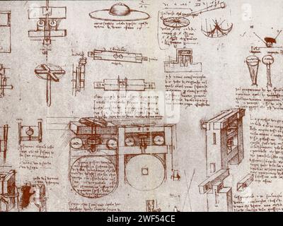 Konstruktionsskizzen mit DaVincis eigenen Erklärungen aus dem Codex Atlanticus, einem 12-bändigen gebundenen Satz von Zeichnungen und Schriften von da Vinci. Leonardo di ser Piero da Vinci (1452–1519) war ein italienischer Polymath der Hochrenaissance, der als Maler, Zeichner, Ingenieur, Wissenschaftler, Theoretiker, Bildhauer und Architekt. Stockfoto