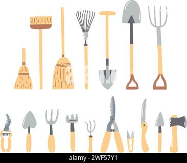 Set von handgezeichneten Gartenwerkzeugen, landwirtschaftlichen Artikeln, landwirtschaftlichen Geräten Stock Vektor