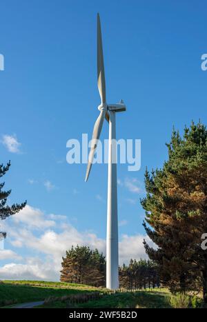 Eine der Windturbinen, die einige der Mühlen im Windpark Te Apiti in den Tararua Hills bei Ashurst und Palmerston North umfasst Stockfoto