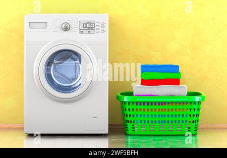 Waschmaschine mit Wäschekorb voller sauberer Kleidung im Raum in der Nähe der Wand, 3D-Rendering Stockfoto