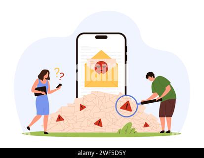 Warnung Betrug und Spam-Benachrichtigung in der mobilen Mailbox-App. Winzige Leute, die durch Vergrößerungsglas auf Ausrufezeichen im Stapel von Buchstaben schauen, Vorsicht Kriminalität Virus Gefahr Cartoon Vektor Illustration Stock Vektor