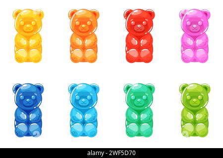 Jelly Bears. Cartoon Marmelade Bonbons, Tierformen Süßigkeiten, bunter Gummibär, Obst- und Beerenaromen, klassische Zucker leckere Gelatineprodukte Stock Vektor