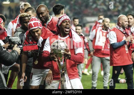 Leiria, Portugal. Januar 2024. Leiria, 27/2024 - Fußball, Finale Four Allianz CUP 2023/24: Das Leiria Municipal Stadium war Austragungsort des Finalspiels zwischen SC Braga und Estoril Praia. (Nuno Brites/Global Imagens) Credit: Atlantico Press/Alamy Live News Stockfoto