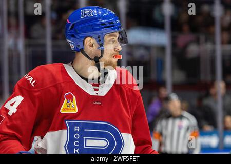 27. Januar 2024: Laval Rocket Stürmer Jan Mysak (14) skatet in der zweiten Periode gegen die Rochester Americans. Die Rochester Americans veranstalteten die Laval Rocket in einem Spiel der American Hockey League in der Blue Cross Arena in Rochester, New York. (Jonathan Tenca/CSM) Stockfoto