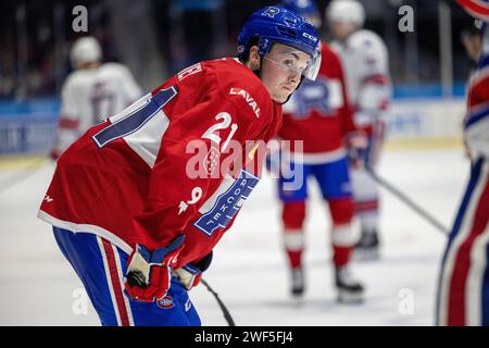 27. Januar 2024: Laval Rocket Forward Riley Niere (21) skatet in der dritten Periode gegen die Rochester Americans. Die Rochester Americans veranstalteten die Laval Rocket in einem Spiel der American Hockey League in der Blue Cross Arena in Rochester, New York. (Jonathan Tenca/CSM) Stockfoto