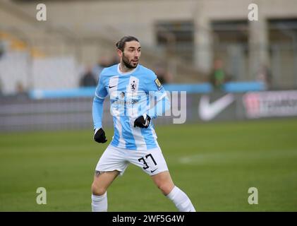 München, Deutschland 28. Januar 2024: Fussball, Herren, 3.Liga, Saison 2023/2024, TSV 1860 München - SV Sandhausen, Grünwalder Stadion Marlon Frey (TSV 1860 München) Kopf, Oberkörper DFB-Vorschriften verbieten jede Verwendung von Fotografien als Bildsequenzen und/oder Quasi-Video Stockfoto