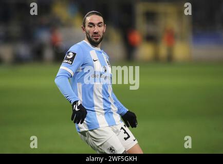 München, Deutschland 28. Januar 2024: Fussball, Herren, 3.Liga, Saison 2023/2024, TSV 1860 München - SV Sandhausen, Grünwalder Stadion Marlon Frey (TSV 1860 München) Kopf, Oberkörper DFB-Vorschriften verbieten jede Verwendung von Fotografien als Bildsequenzen und/oder Quasi-Video Stockfoto