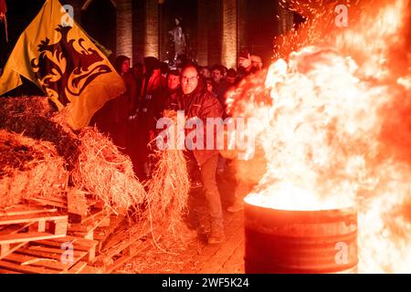 Turnhout, Antwerpen, Belgien, 28. Januar 2024, dieses intensive Bild stammt aus dem Protest der Landwirte in Turnhout, Belgien, wo ein Lagerfeuer mit Stroh- und Holzpaletten gespeist wird, was die brennende Dringlichkeit ihrer Sache gegen das Stickstoffabkommen symbolisiert. Ein Demonstrant im Vordergrund steht trotzig, mit einer Flagge, die einen Löwen trägt, der auf ein regionales oder kulturelles Emblem hinweist, im Hintergrund flattert. Die Menge versammelte sich um die Feuerwache mit einer Mischung aus Hochmut und Entschlossenheit, ihre Gesichter beleuchtet vom heftigen Leuchten des Feuers, was die Schwerkraft ihrer Demonstration unterstreicht. Flammen Stockfoto