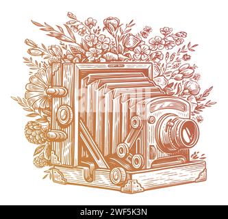 Retro-Kamera in Blumen und Pflanzen. Handgezeichnete Fotokamera mit Wildblumen. Vintage-Vektor-Illustration Stock Vektor