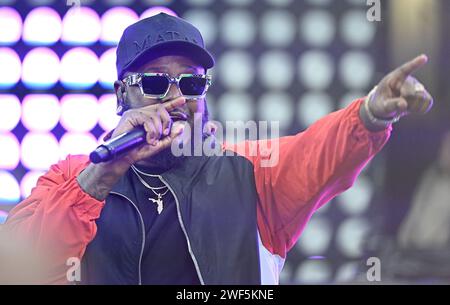 Baltimore, Usa. Januar 2024. T-Pain tritt während der Halbzeitshow beim AFC Championship Football Game 2024 zwischen den Baltimore Ravens und den Kansas City Chiefs im M&T Bank Stadium in Baltimore, Maryland am Sonntag, den 28. Januar 2024 auf. Foto: David Tulis/UPI Credit: UPI/Alamy Live News Stockfoto