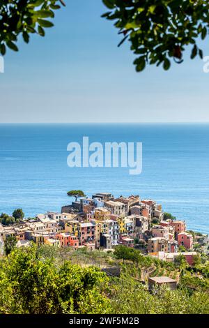 Corniglia, Italien - 2. August 2023: Panoramablick auf das Dorf Corniglia im Nationalpark Cinque Terre in Italien Stockfoto