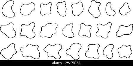 Set aus unregelmäßigen amorphen Formen, ungleichmäßigen Flecken, asymmetrischen Flecken, flüssigen Tintenflecken, verzerrten Flecken auf weißem Hintergrund. Trendige Amöbenfiguren. Vektorkontur, Abbildung Stock Vektor