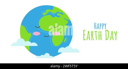 Erde Tag süßer lustiger Charakter weißer Hintergrund. Lächelnder Planet in Wolken. Banner, Poster, Postkartendesign. Vektor. Stock Vektor