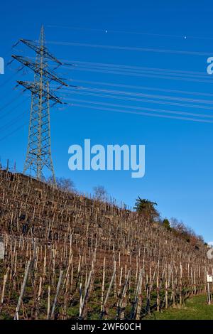 Erhöhte Herbstpracht. Power Line on the Hill mit Blick auf German Village, Weinberge und Flussufer. Erhöhte Stromleitungen auf dem Hügel. Herbst in Stockfoto