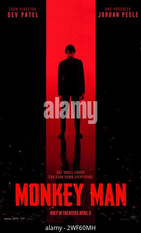 Monkey man (2024) unter der Regie von Dev Patel mit Dev Patel, Sharlto Copley und Pitobash. Ein anonymer junger Mann entfesselt eine Rache-Kampagne gegen die korrupten Führer, die seine Mutter ermordet haben und weiterhin systematisch die Armen und Ohnmacht zum Opfer fallen lassen. US-Poster mit einem Blatt ***NUR FÜR REDAKTIONELLE ZWECKE***. Quelle: BFA / Universal Pictures Stockfoto