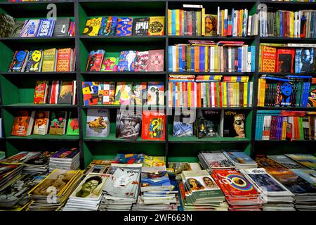 Kalkutta, Indien. Januar 2024. Bücher werden in einem Verkaufsstand auf der Internationalen Buchmesse in Kalkutta ausgestellt. Die 47. Internationale Buchmesse in Kalkutta, die sich in erster Linie für die breite Öffentlichkeit und nicht für Großhändler richtet, ist nach der Frankfurter Buchmesse und der Londoner Buchmesse die drittgrößte jährliche Buchsammlung der Welt. Quelle: SOPA Images Limited/Alamy Live News Stockfoto