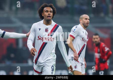 Mailand, Italien. Januar 2024. Joshua Zirkzee von Bologna FC spielt beim Fußball-Spiel der Serie A 2023/24 zwischen dem AC Milan und Bologna FC im San Siro Stadion mit. Endergebnis; Mailand 2:2 Bologna (Foto: Fabrizio Carabelli/SOPA Images/SIPA USA) Credit: SIPA USA/Alamy Live News Stockfoto