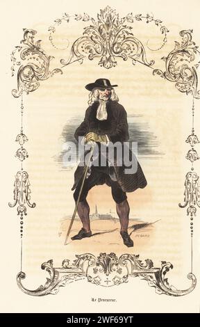 Kostüm eines Staatsanwalts des Ancien-Regimes, 18. Jahrhundert. Anwalt in schwarzer Mütze, Puderperücke, schwarzem Justaucorps, Hosen und Schnallenschuhen, mit Stock. Le Procureur. Handkolorierter Stahlstich von Pegard nach einer Illustration von Theophile Fragonard, in einer dekorativen Kartusche von Anne Modave, aus Augustin Challamels Autrefois oder Le Bon Vieux Temps, Types de 18e Siecle, Challamel et Cie, 1842. Stockfoto