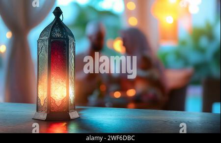 Ornamentale arabische Laterne mit brennender Kerze. Feierliche Grußkarte, Einladung zum muslimischen heiligen Monat Ramadan Kareem. Stockfoto