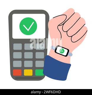 Verarbeitung von Smartwatch-Zahlungen. Zahlung wird akzeptiert. POS-Terminal und Hand mit Uhr. Kontaktlose Zahlungsmethode. Illustration der Vektorabwicklung. Stock Vektor
