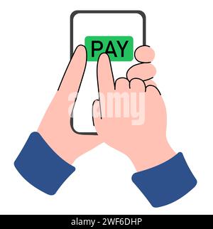 Kontaktloses drahtloses bargeldloses Bezahlen. Hands drückt die Zahlung mit Mobiltelefon und App. Online-Shopping-Website. Illustration eines flachen grafischen Vektors. Stock Vektor