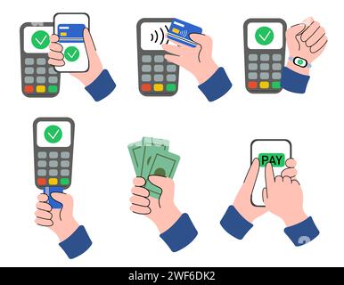 Kontaktloses drahtloses bargeldloses und kontaktloses Zahlungsset. Hands Bezahlen mit Bankkreditkarten, POS-Terminal, Handy-App, Smartwatch und Bargeld. Stock Vektor