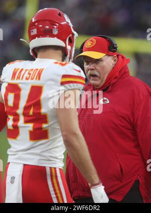 Baltimore, MD, USA. Januar 2024. Andy Reid, Cheftrainer der Kansas City Chiefs, wurde während des AFC Championship-Spiels gegen die Baltimore Ravens im M&T Bank Stadium in Baltimore, MD, gezeigt. Foto/Mike Buscher/Cal Sport Media/Alamy Live News Stockfoto