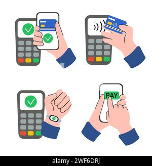 Kontaktloses drahtloses bargeldloses Zahlungsset. Hands Bezahlen mit Bankkreditkarten, POS-Terminal, Handy-App, Smartwatch. Flacher Grafikvektor Stock Vektor