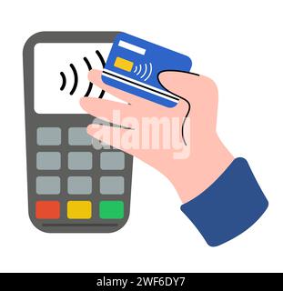 Kontaktloses drahtloses bargeldloses Bezahlen. Händige Zahlung mit BankDebitkarte und POS-Terminal. Illustration eines flachen grafischen Vektors. Stock Vektor