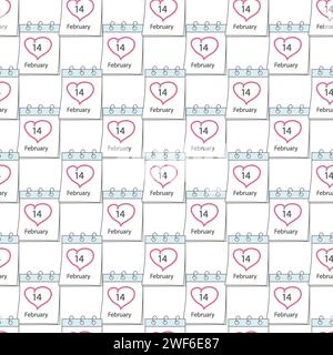 Nahtloses Muster der Kalenderseite mit St. Valentinstag Datum 14. Februar und Hand gezeichnetes Herz. Isolieren. EPS. Vektor für Verpackungen, Tapeten oder Web, Poster, Banner, Broschüren, Karten, Preisschild, Etikett Stock Vektor