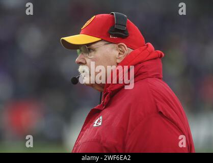 Baltimore, MD, USA. Januar 2024. Andy Reid, Cheftrainer der Kansas City Chiefs, wurde während des AFC Championship-Spiels gegen die Baltimore Ravens im M&T Bank Stadium in Baltimore, MD, gezeigt. Foto/Mike Buscher/Cal Sport Media/Alamy Live News Stockfoto