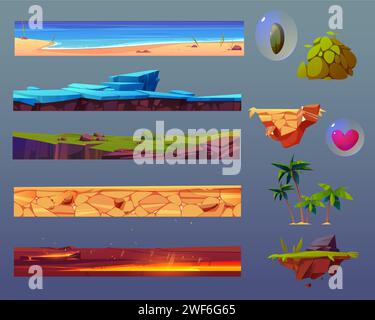 Spiel-ui-Elemente mit schwimmender Bodenplattform. Comic-Assets mit Meerwasser und Sandstrand, Land bedeckt mit Eis, grünes Gras, Sandwüste, vulkanische Oberfläche mit Lavaoberfläche, Herz und Pflanze Stock Vektor