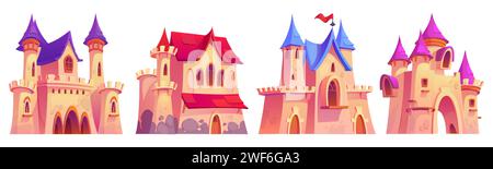 Magisches mittelalterliches Königsschloss mit Flagge am Turm, Fenstern und Tor für Kinder, Buch Geschichte oder Spiel ui Design. Zeichentrickvektor Illustration Set von Fantasy Märchen altes Königreich Festung Palast oder Fort Stock Vektor