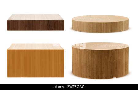 Braunes 3D-Produktpodium aus Holz in Form von Quadrat und Kreis. Hohe und kleine Plattform mit Holzstruktur für die Ausstellung von Naturgütern. Realistisches Vektormodell eines leeren Podest zur Präsentation Stock Vektor