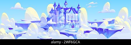 Gefrorenes Märchenschloss auf schwimmender Insel. Vektor-Cartoon-Illustration der mittelalterlichen Festung mit Türmen bedeckt mit Eis, Schnee, Eiszapfen, Winterland fliegt in kaltem bewölktem Himmel, Abenteuer Spiel ui Stock Vektor