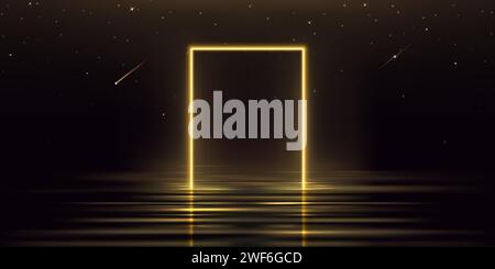 Rechteckiger gelber Rahmen auf dunklem Wasserhintergrund. Realistische Vektor-Illustration der goldenen Neon-Tor-Reflexion auf flüssiger Oberfläche, Shooting Sterne funkeln am Nachthimmel, Musik Party Design Hintergrund Stock Vektor