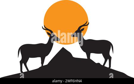 Ziegenpaar Silhouette auf einem Hügel bei Sonnenuntergang, Vektor-Illustration. Minimalistisches Kunstdesign isoliert auf weißem Hintergrund. Wandgemälde, Posterdesign Stock Vektor